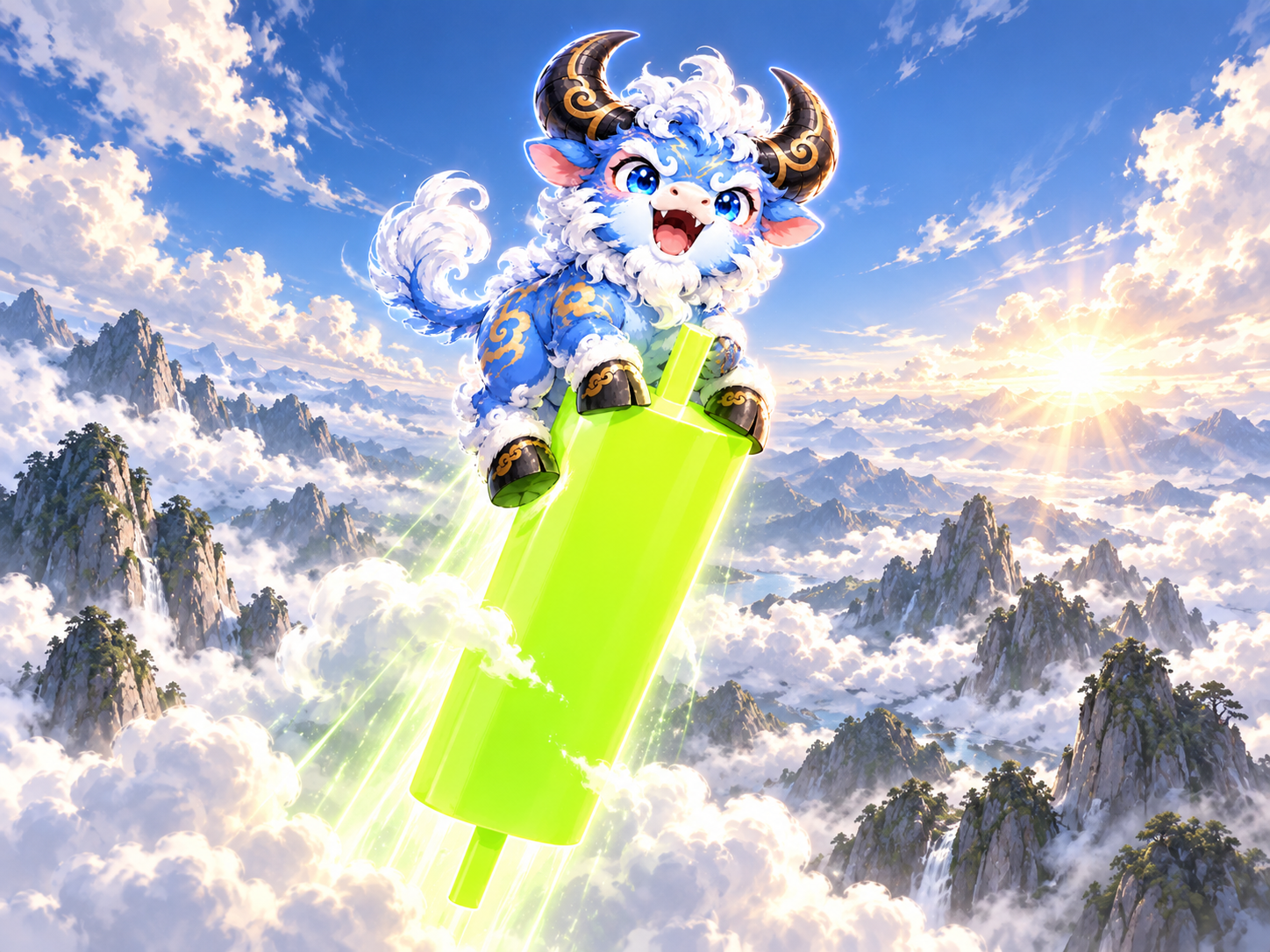 KUI NIU riding a green candle through the clouds