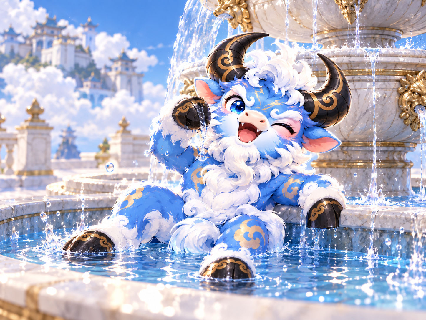 KUI NIU relaxing in a palace fountain