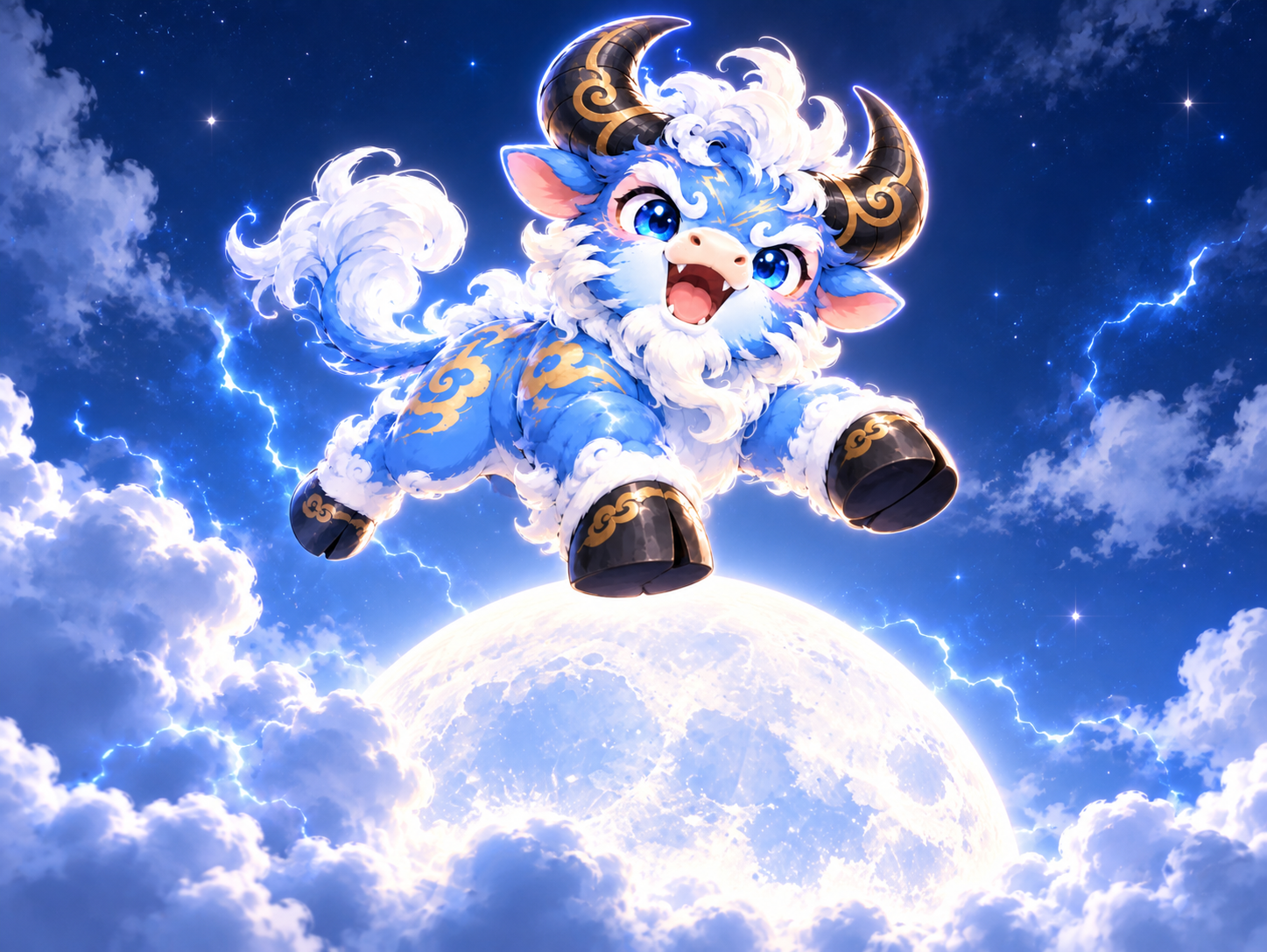 KUI NIU leaping above the moon in a thunder sky