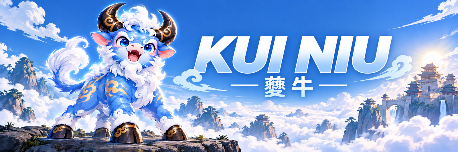 KUI NIU cartoon ox in a blue sky Chinese mountain scene
