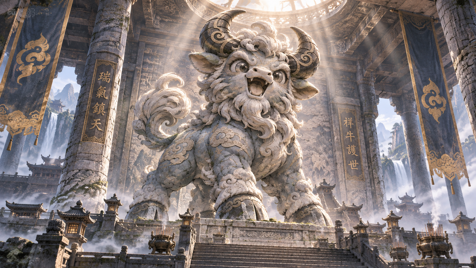 KUI NIU as a stone guardian in a Chinese temple