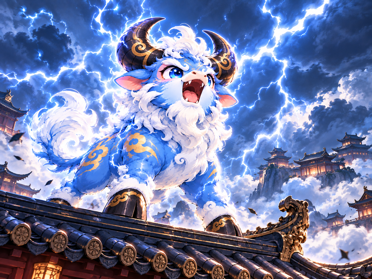 KUI NIU roaring on a palace roof under lightning